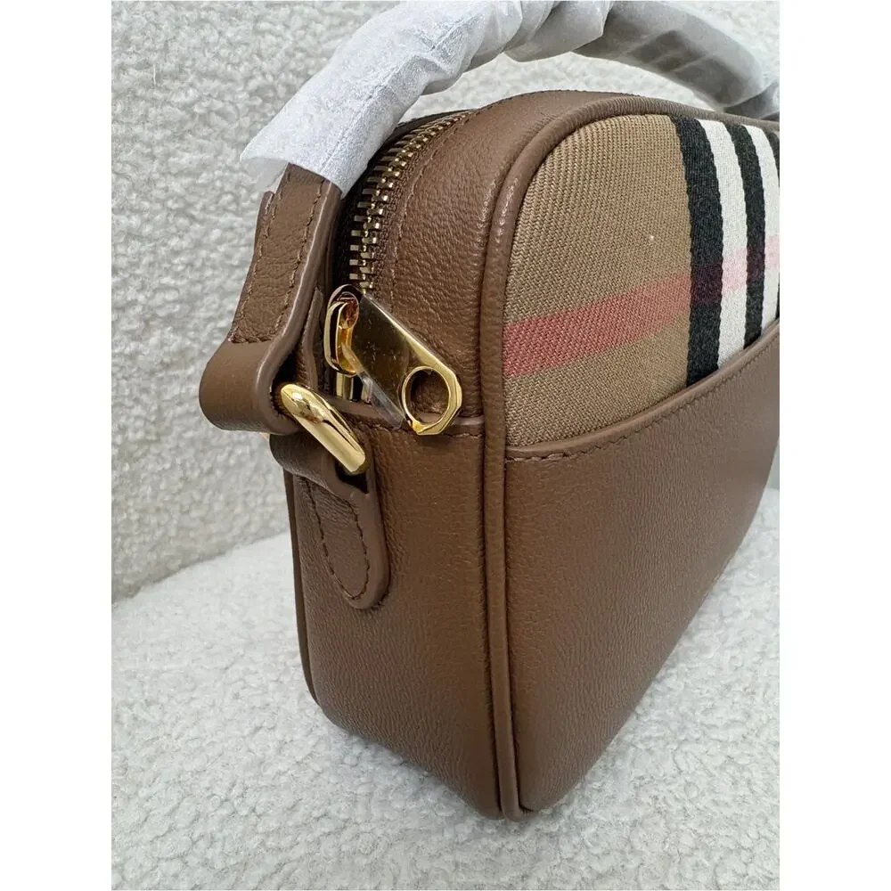 Burberry Brown Leather camera Bag with Signature Check